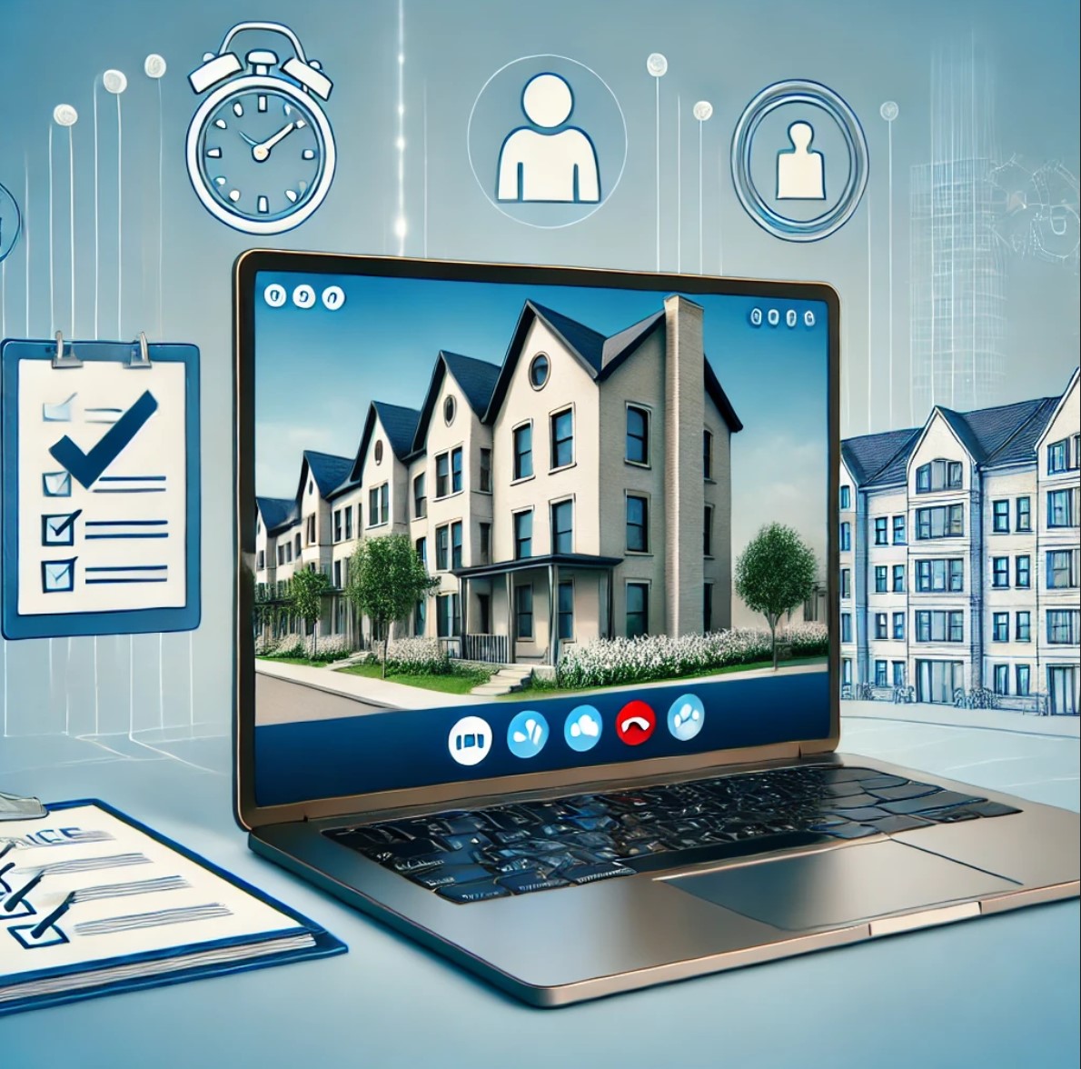 Laptop mit digitaler Eigentümerversammlung und Symbolen für Online- und Hybridtermine