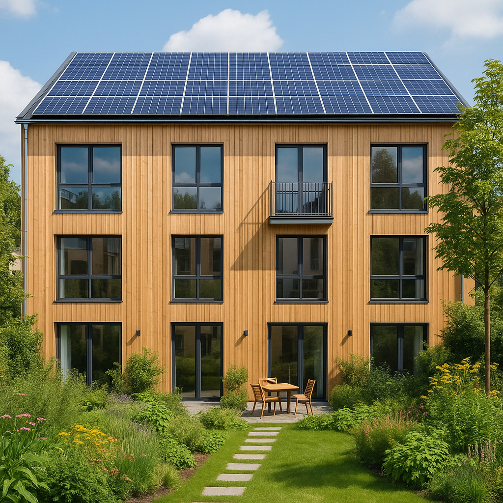 Energieeffizientes Mehrfamilienhaus aus Holz mit Photovoltaikanlage und Garten